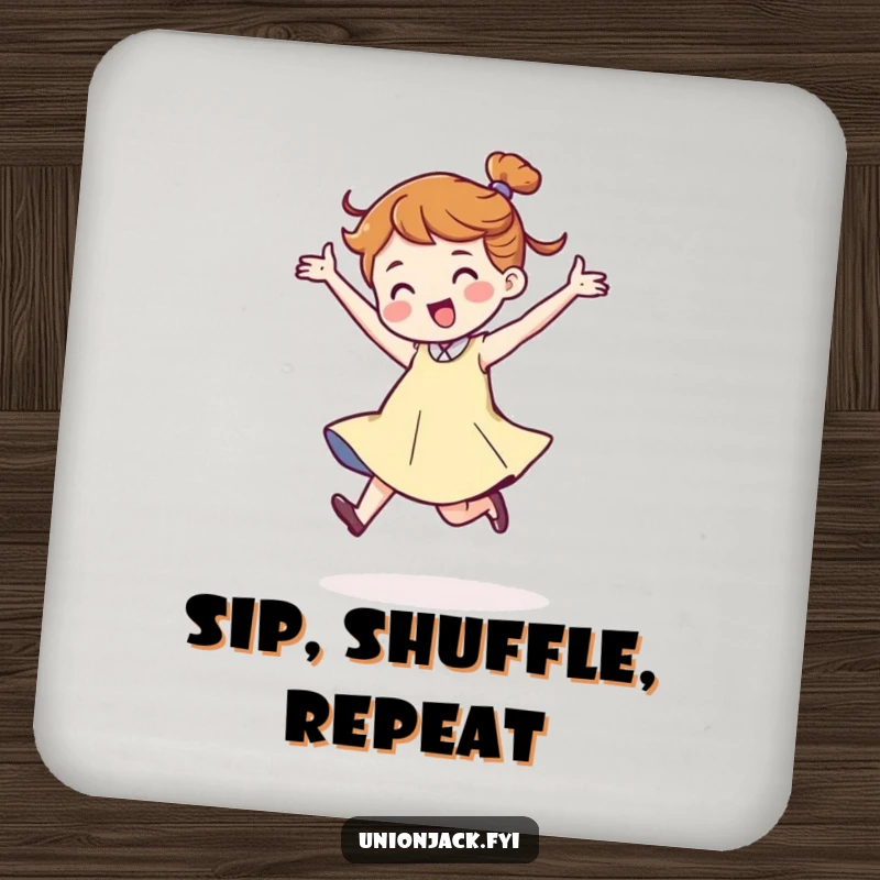 Funny drink coasters featuring a character dancing with a jaunty, energetic stride, protecting furniture with style. A humorous addition to any living space.