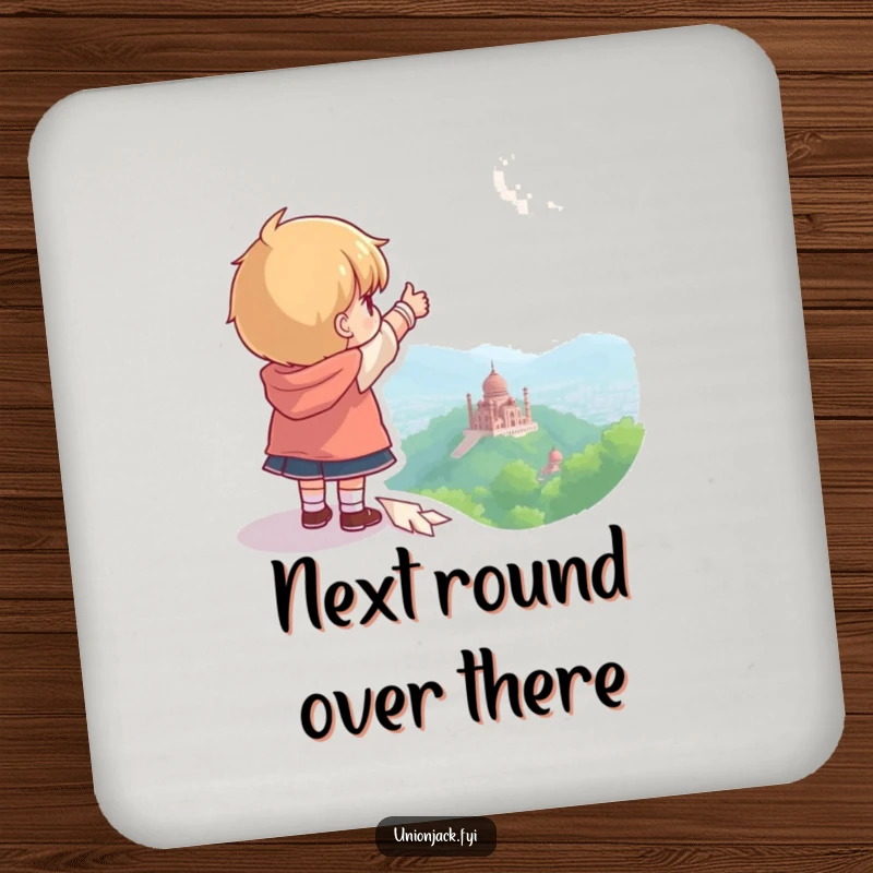 Funny drink coasters featuring a character pointing towards a destination, suitable for protecting surfaces.