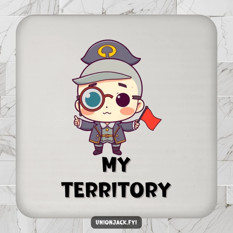 Funny drink coasters featuring a character wearing a monocle, proudly holding a small flag, adding distinguished charm and surface protection.