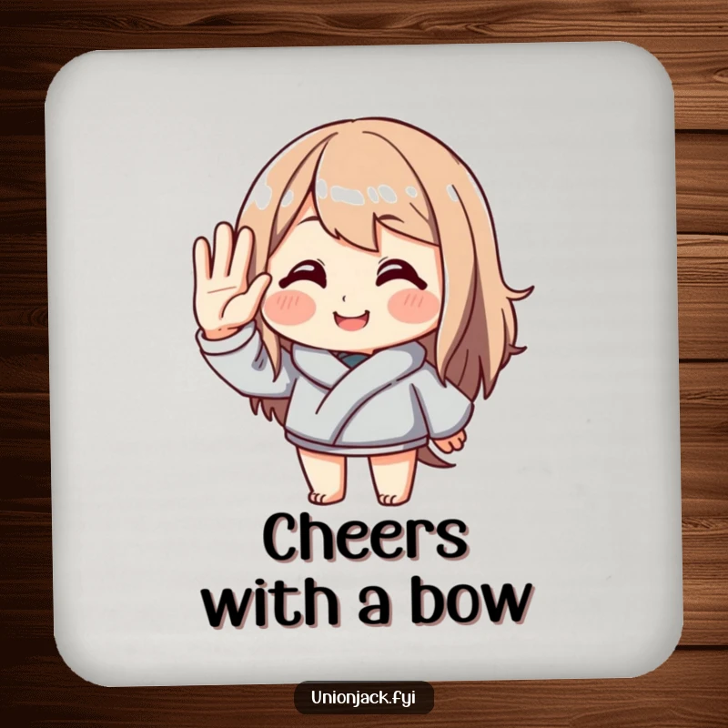 Funny drink coasters featuring a character with an exaggerated, polite salute and a warm smile, protecting furniture. Adds a humorous and welcoming touch to any table.