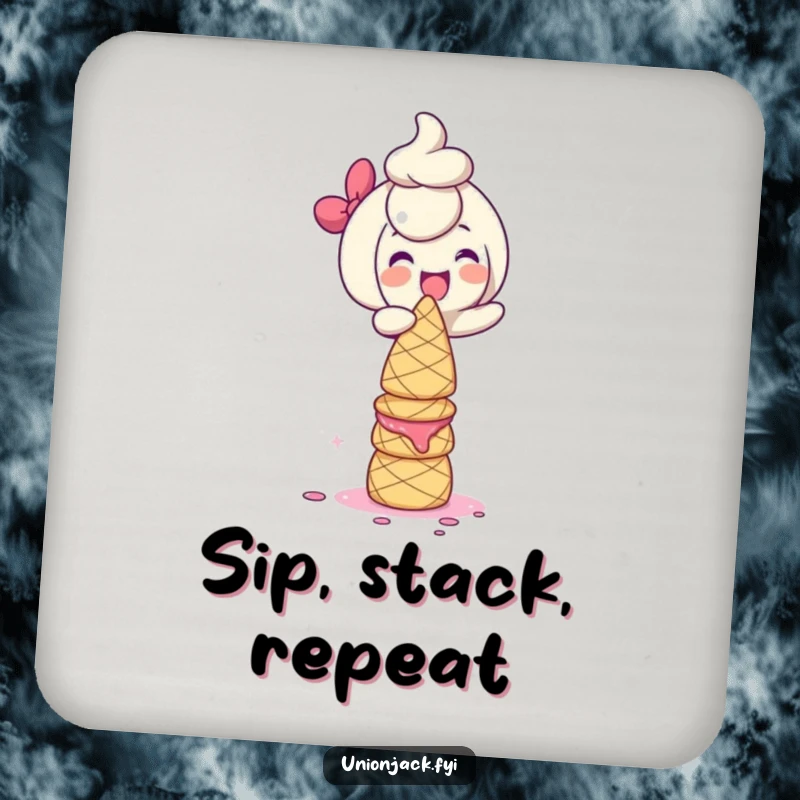 Funny Coaster: Character giggling while balancing a tower of scones, protecting surfaces with a touch of sweet and humorous baking.