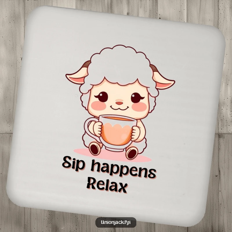 Funny drink coasters featuring a sheepish character with a gentle grin, offering a cup of tea, protecting surfaces with cute and humorous art.