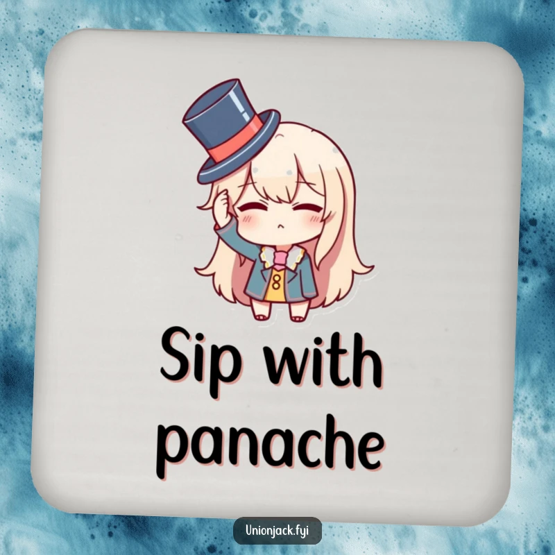 Funny drink coaster with a character comically adjusting a tiny top hat and winking, protecting surfaces with a dapper, humorous theme.