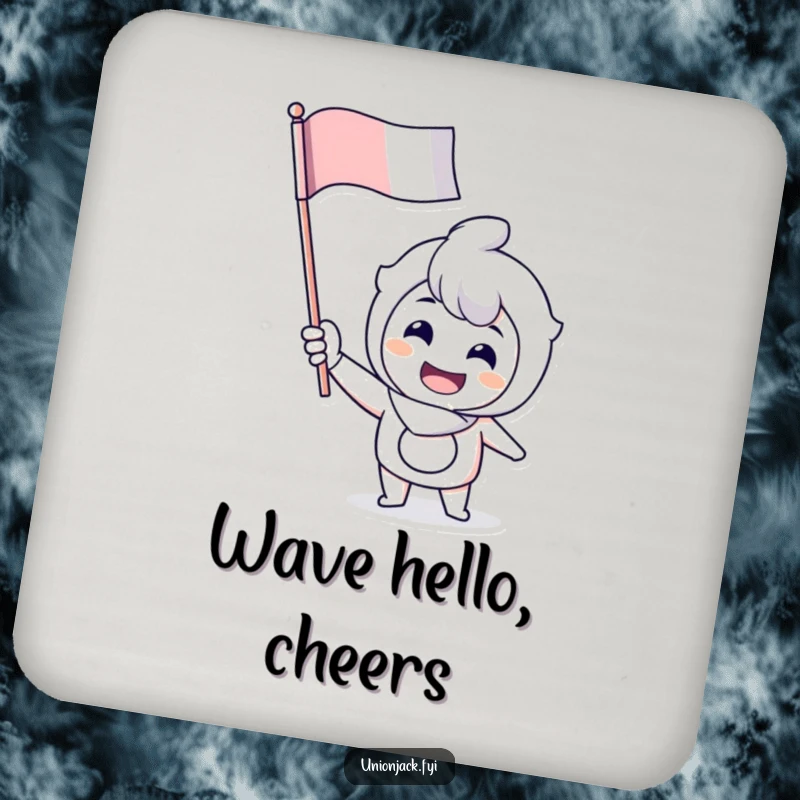 Funny drink coaster with a cheerful character enthusiastically waving a flag, offering spirited surface protection.