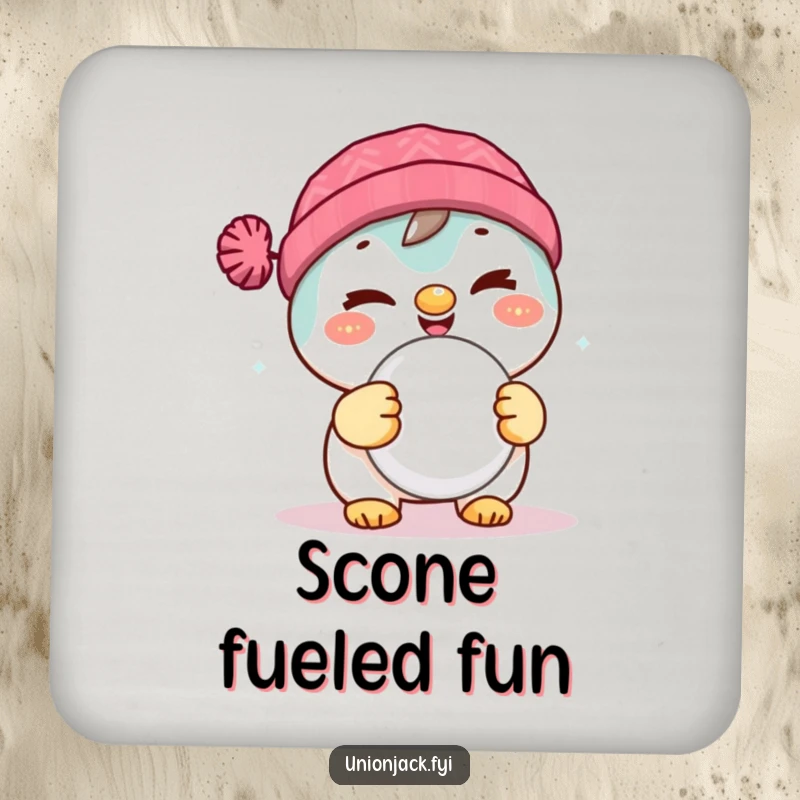 Funny drink coaster featuring a delighted character winking while holding a scone, perfect for adding charm to any setting.