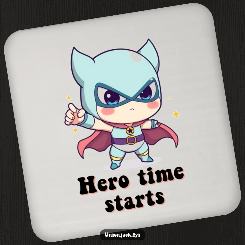 Funny drink coaster with a cute character in a heroic pose, protecting surfaces with a smile.