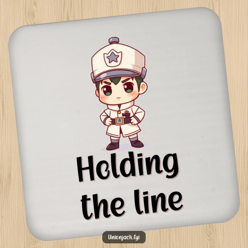 Funny drink coaster showcasing a character in a stiff and formal guard stance, humorously protecting surfaces from drink rings.