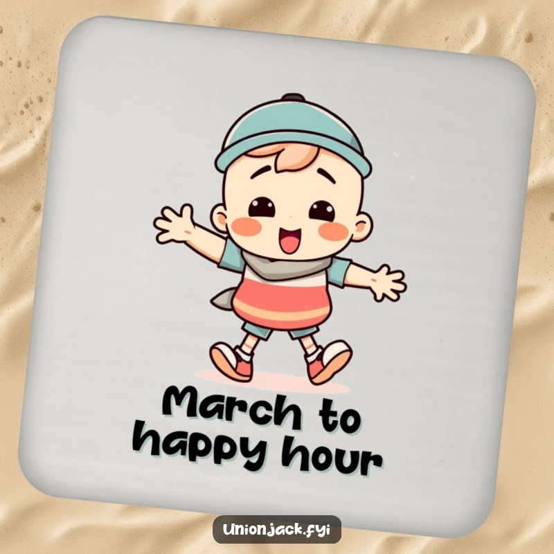 Funny coaster set depicting a character performing a silly march with comically exaggerated steps, adding playful charm.