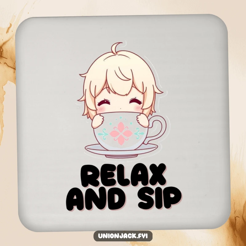 Funny drink coasters featuring a content character holding a tea cup, suitable for protecting surfaces.