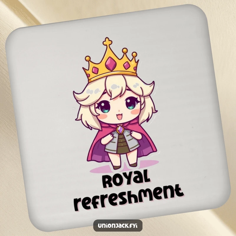 Funny drink coaster showing a character looking regal with a crown and cape, adding a humorous touch to tabletops.