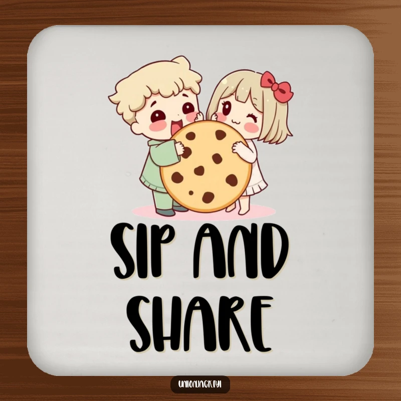 Funny coaster displays characters sharing a giant cookie, bringing a humorous sense of camaraderie and sweet friendship to any setting.
