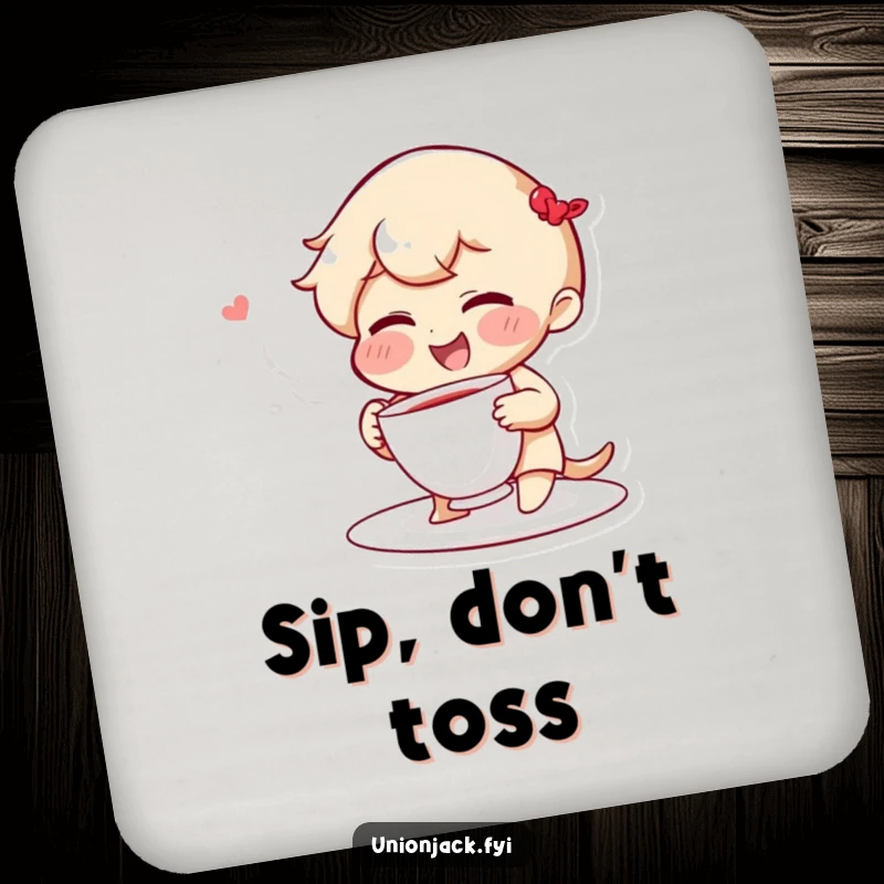 Funny drink coasters with a giggling character, rosy cheeks, playfully throwing a teacup, protecting surfaces with humorous charm.
