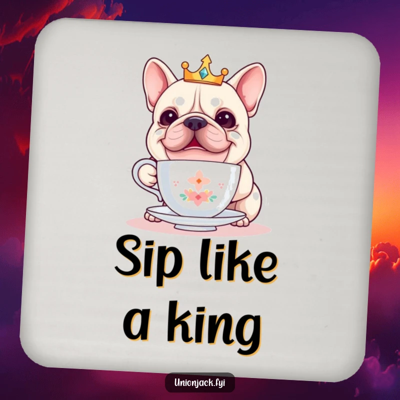 Funny bulldog coaster features a cheerful bulldog wearing a crown, balancing a teacup, a practical and humorous addition to any table.