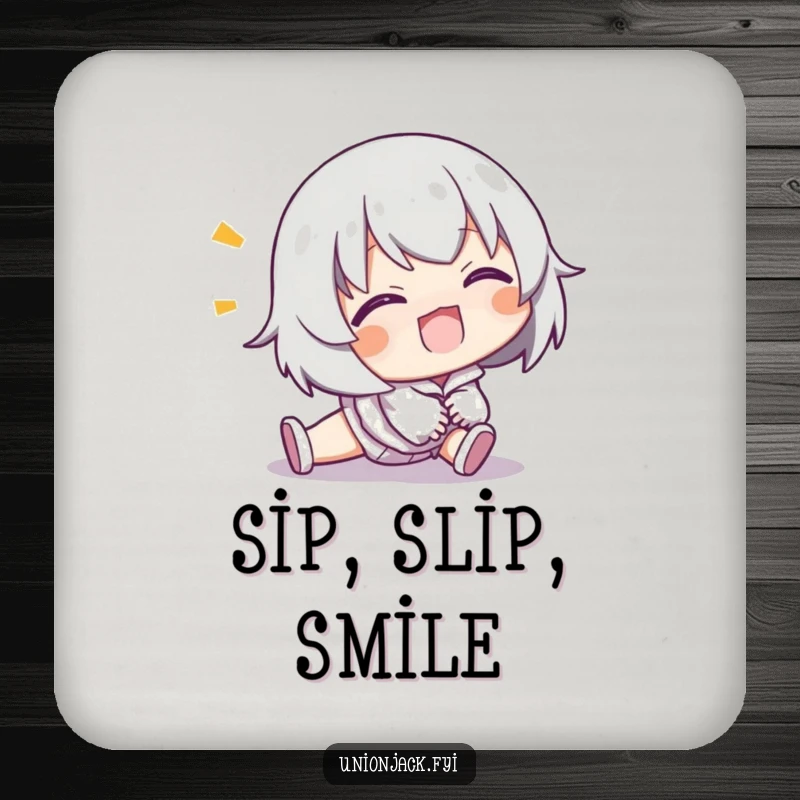 Funny drink coasters featuring a character comically tripping but smiling, suitable for protecting surfaces.