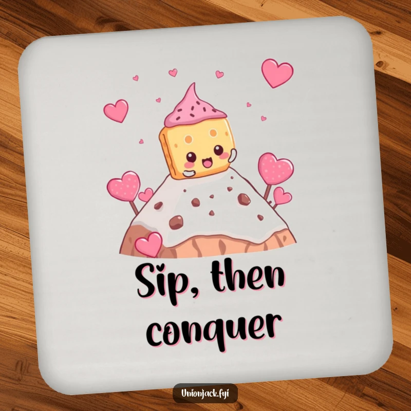 Funny biscuit coasters showing a determined character comically climbing a teacake mountain, protecting surfaces humorously.