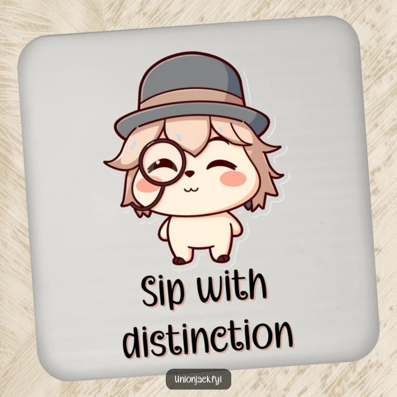Funny coaster set showing a character in a bowler hat and monocle, giving a charming wink, adding elegance.