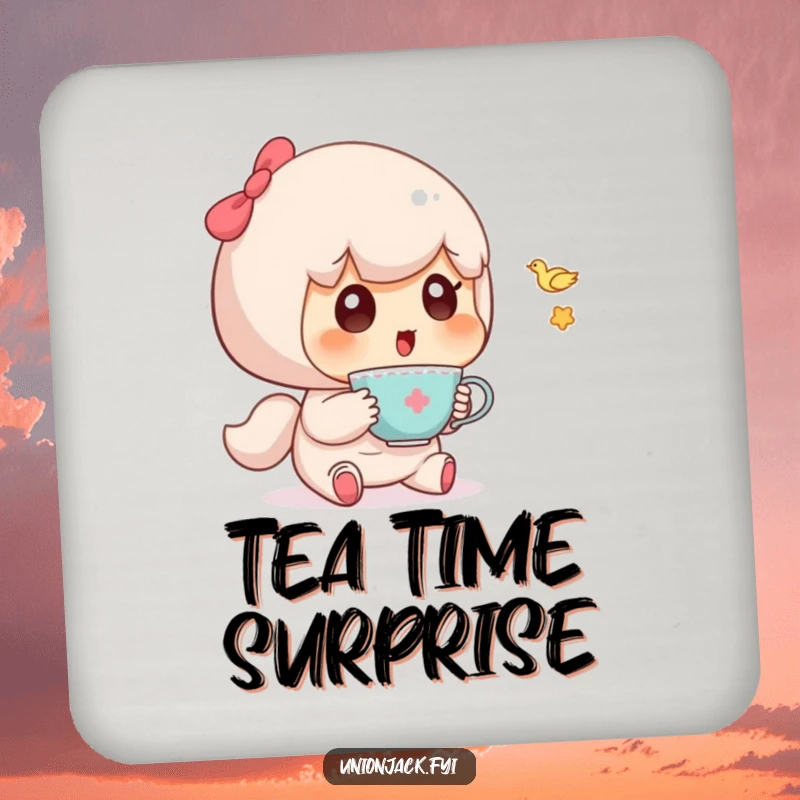 Funny coaster showing a cute character surprised by a tiny, flying teacup, adding humor to your table.