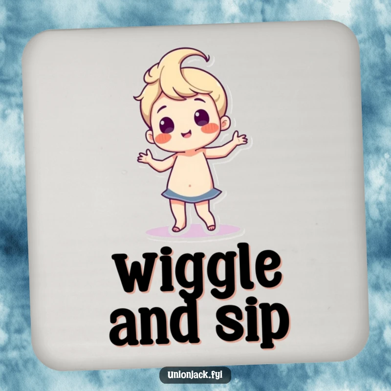 Funny drink coaster with a character doing a silly, proud dance with wiggling hips, protecting surfaces with a humorous, rhythmic theme.