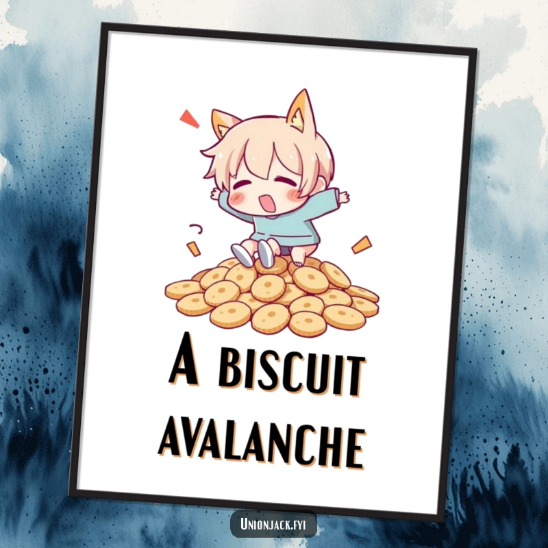 Funny poster illustrating a character comically tripping over a massive pile of biscuits, bringing a humorous scene to life.
