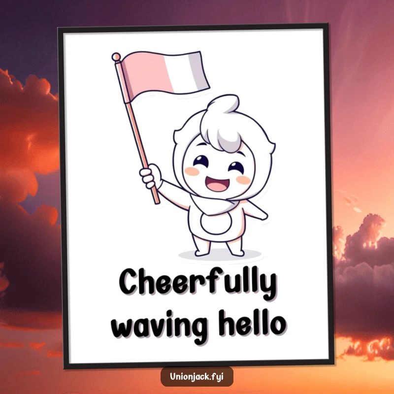 Funny poster depicting a cheerful character enthusiastically waving a flag, perfect for vibrant and spirited wall art.