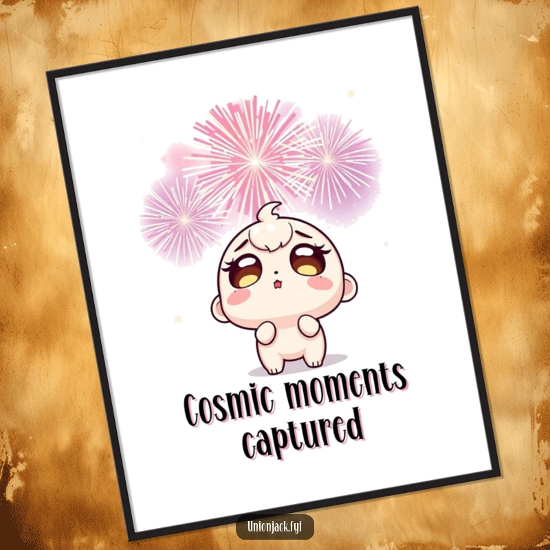 Funny poster capturing a wide-eyed character's expression of pure awe and amazement while gazing at brilliantly exploding celebratory fireworks.