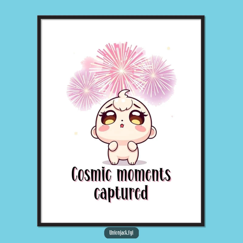 Funny Fireworks Wall Art Poster: Wide-Eyed Character's Awe, Vibrant & Humorous Decor!