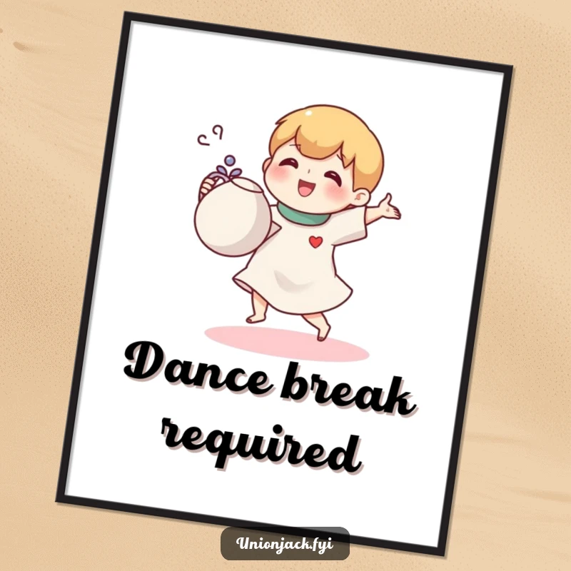 Funny poster of a small cartoon character joyfully doing a jig with a teapot, perfect for adding cheerful tea art.