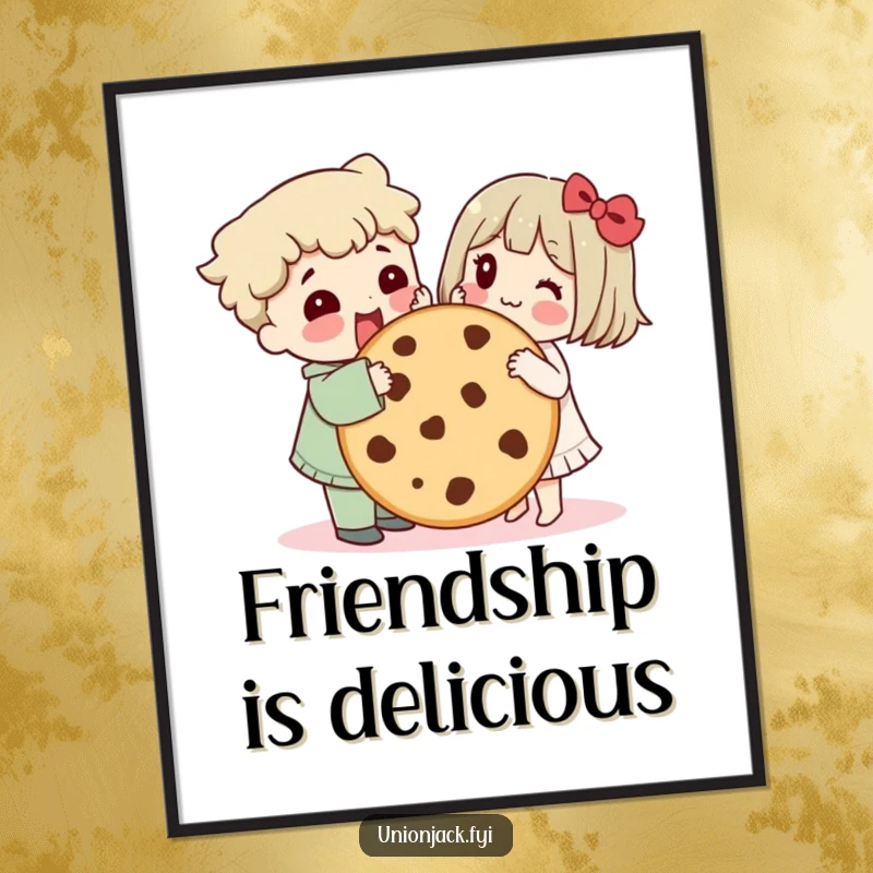 Funny poster art shows characters sharing a giant cookie, embodying humorous friendship, camaraderie, and the joy of sweet moments.