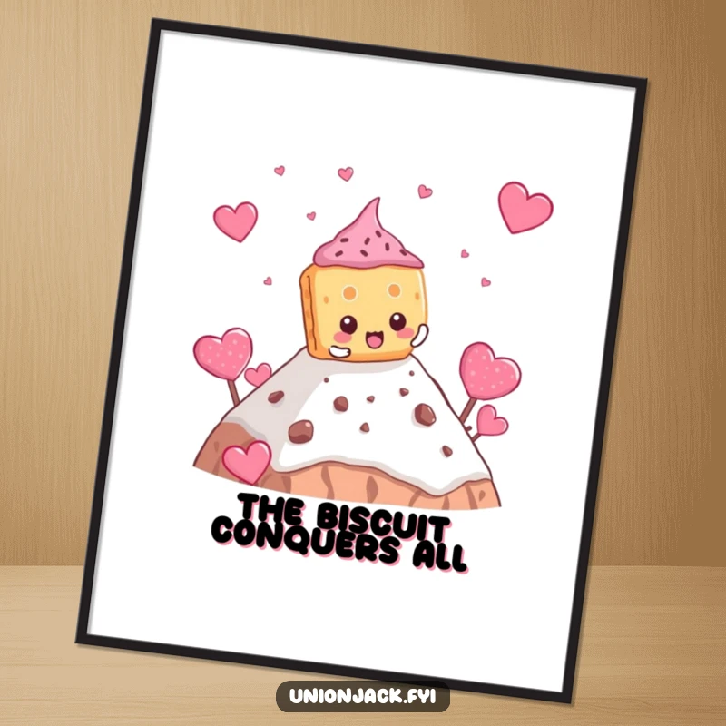 Funny biscuit poster showing a determined character comically climbing a teacake mountain, adding humorous aspiration.