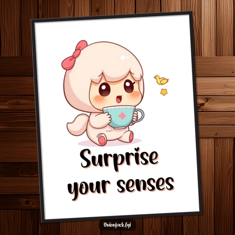 Funny poster of a cute character looking surprised as a tiny teacup magically flies past them.