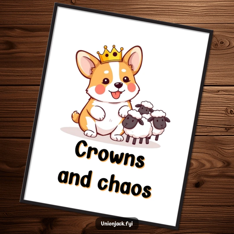 Funny poster of a playful corgi in a tiny crown, comically attempting to herd sheep, a whimsical farm scene.