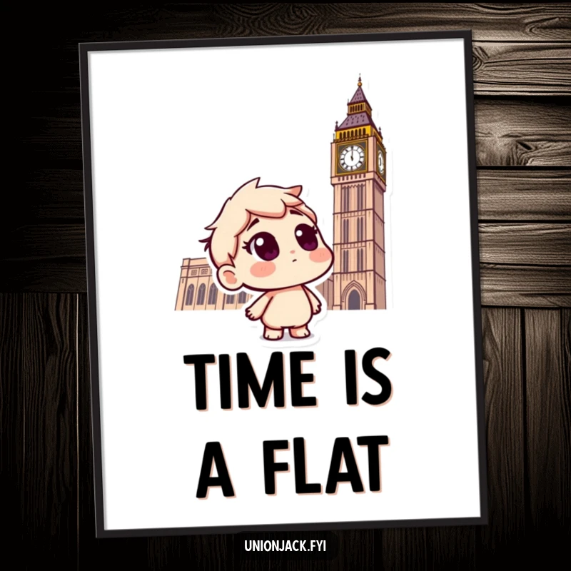 Funny poster art of a curious character looking up at Big Ben with a quizzical expression, celebrating London.