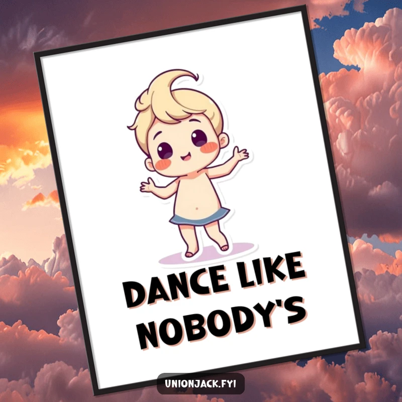 Funny poster showing a character doing a silly, proud dance with enthusiastic hip wiggles, embodying pure joy and playful motion.