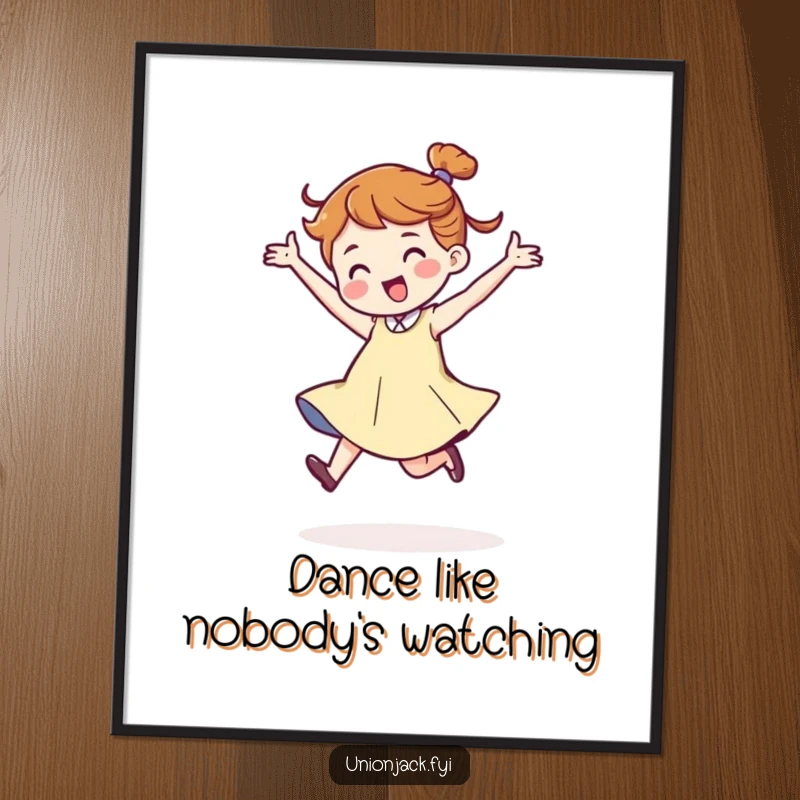 Funny poster artwork of a character performing a jaunty, energetic dance stride, full of life and movement. Adds a humorous and dynamic touch to home decor.