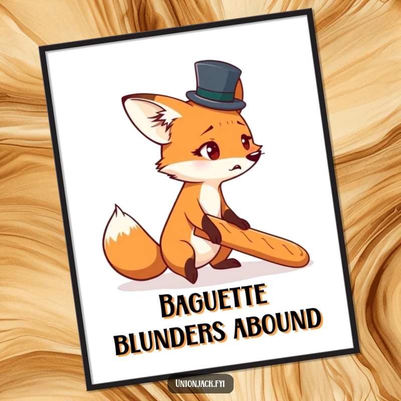 Funny poster of a startled fox in a tiny top hat, comically tripping over a baguette, a whimsical scene.