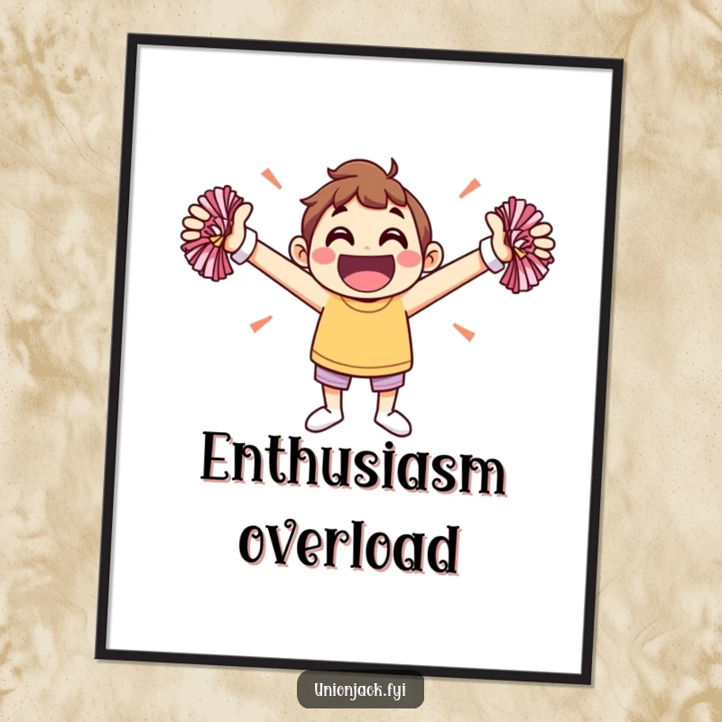 Funny poster art of a jovial character enthusiastically cheering with pom-poms, capturing a moment of pure celebration.