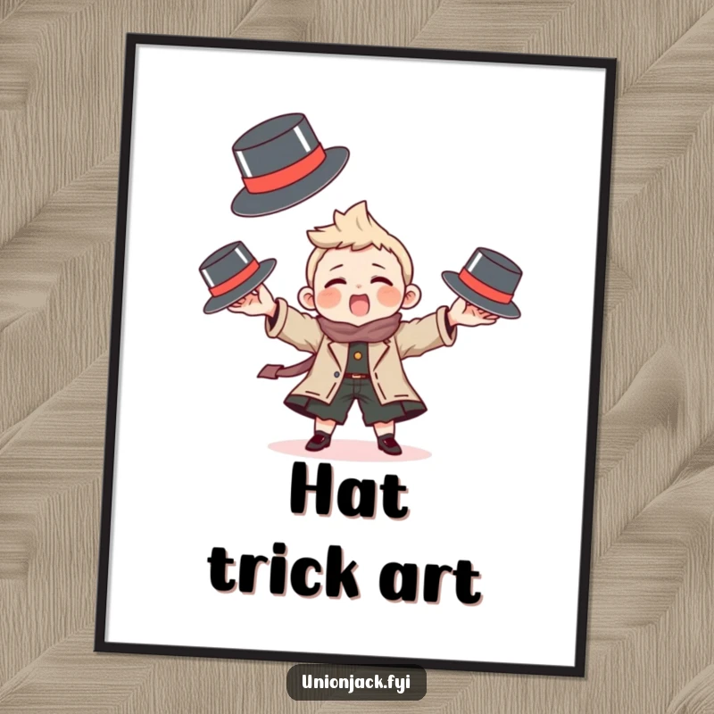 Funny poster art of a character playfully juggling tiny bowler hats, humorous wall decor for skill enthusiasts.