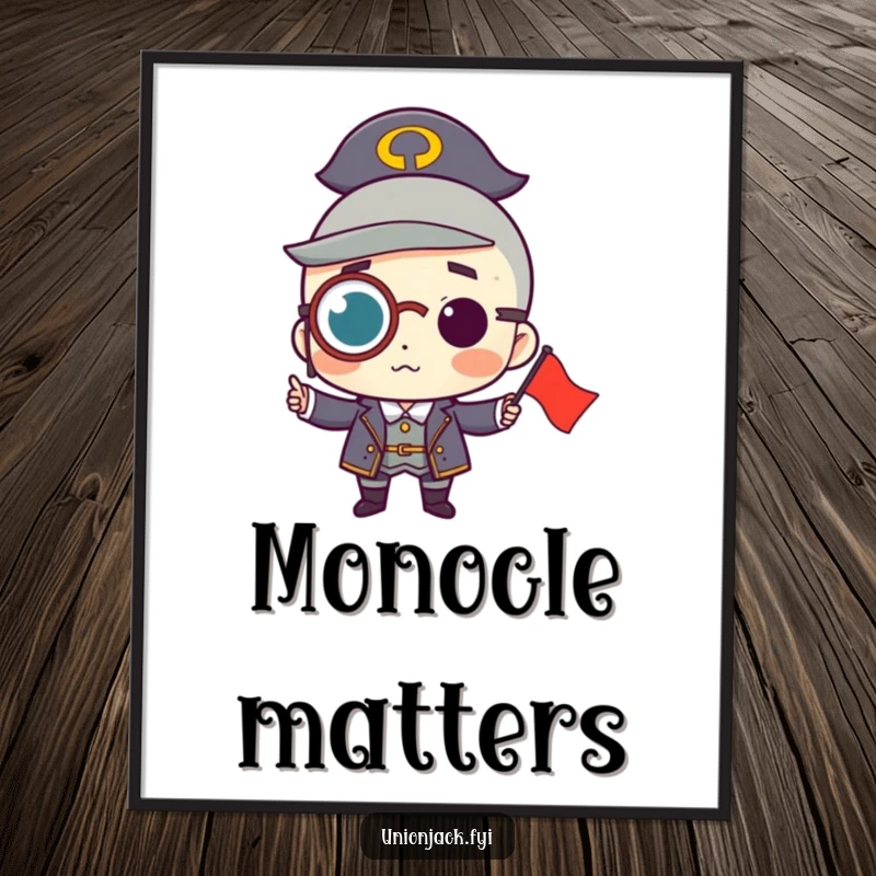 Funny poster art of a character wearing a monocle, proudly holding a small flag, exuding sophisticated humor and a distinctive presence.
