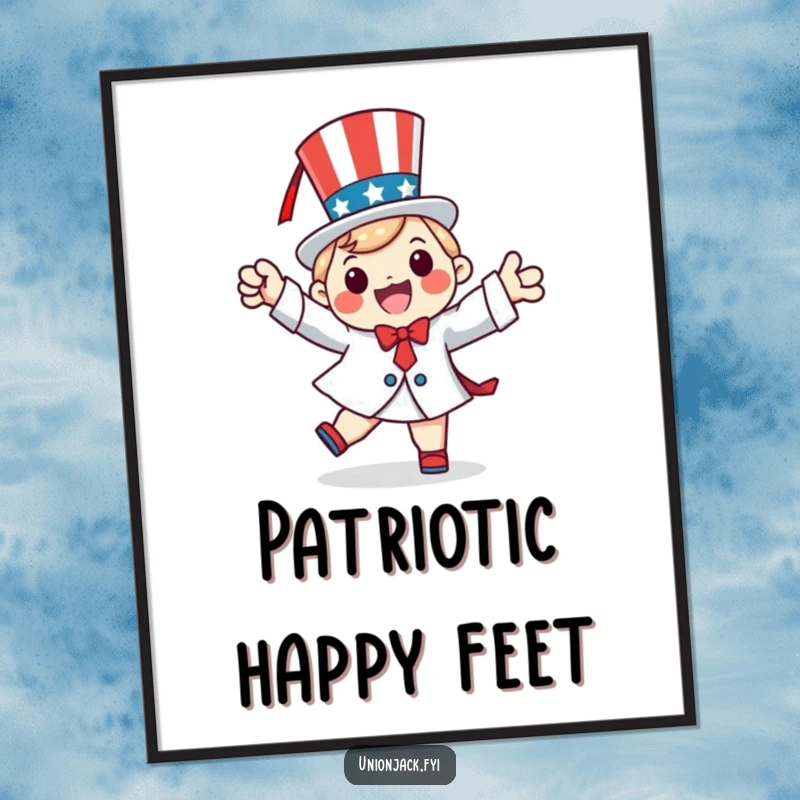 Funny poster depicting a happy character performing a patriotic jig, bringing vibrant festive energy and national pride.