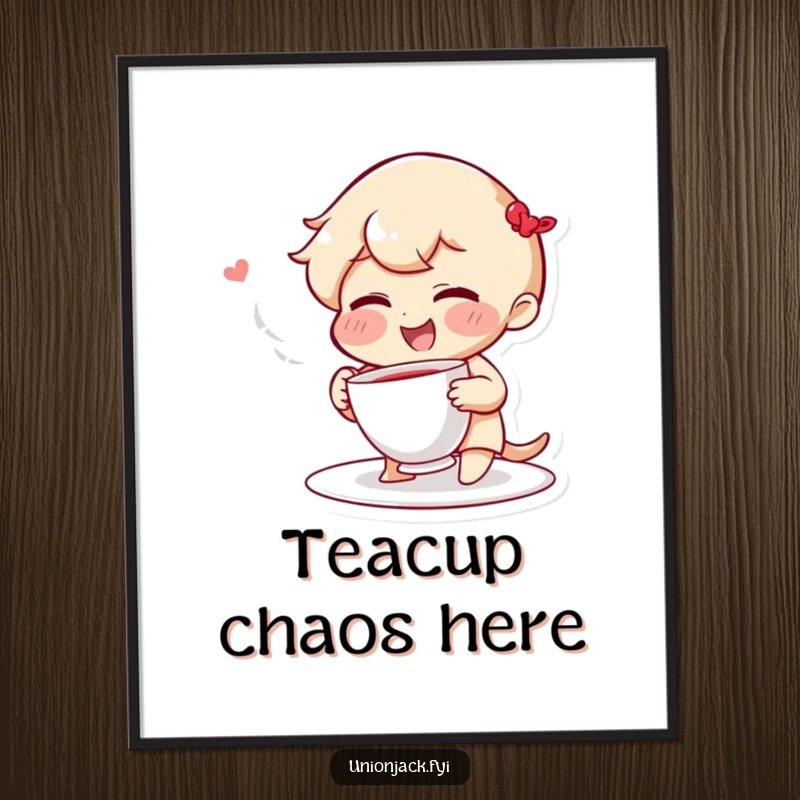 Funny poster featuring a giggling character with rosy cheeks, playfully throwing a teacup, ideal for adding whimsical and humorous wall decor.