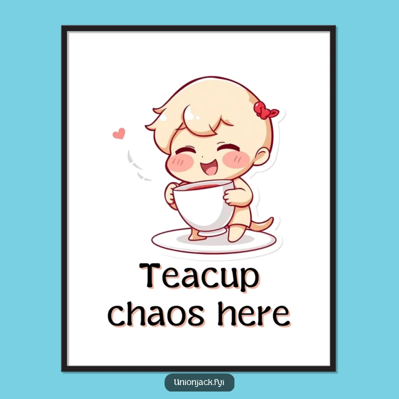 Funny Poster: Giggling Character Tosses Teacup, Whimsical Funny Gift Decor