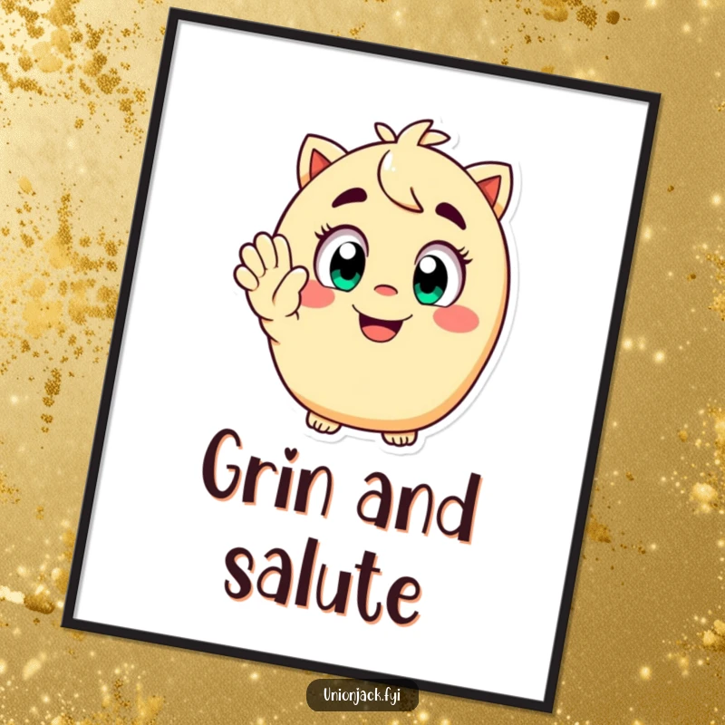 Funny poster featuring a happy character with wide eyes and a playful grin, giving a cheerful salute, ideal for adding humorous wall decor.