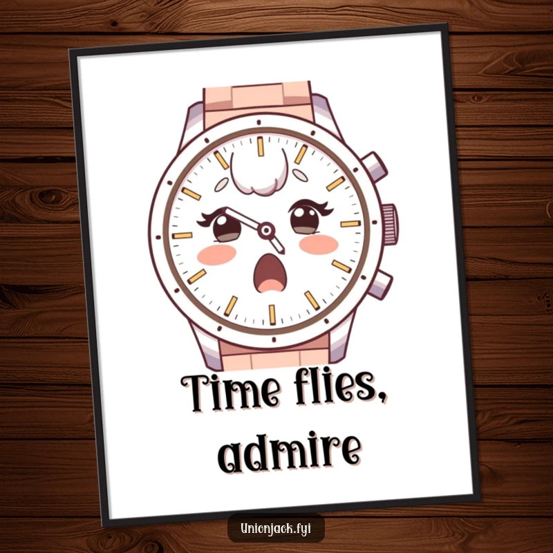 Funny poster featuring a surprised character, raised eyebrows, looking with admiration at a large watch face, ideal for whimsical and humorous wall decor.