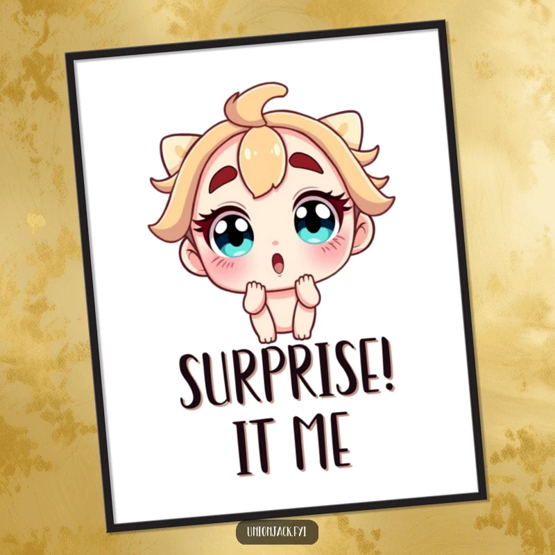 Funny poster art of a character with wide, shocked eyes and raised eyebrows, conveying a humorous moment of surprise for wall decor.