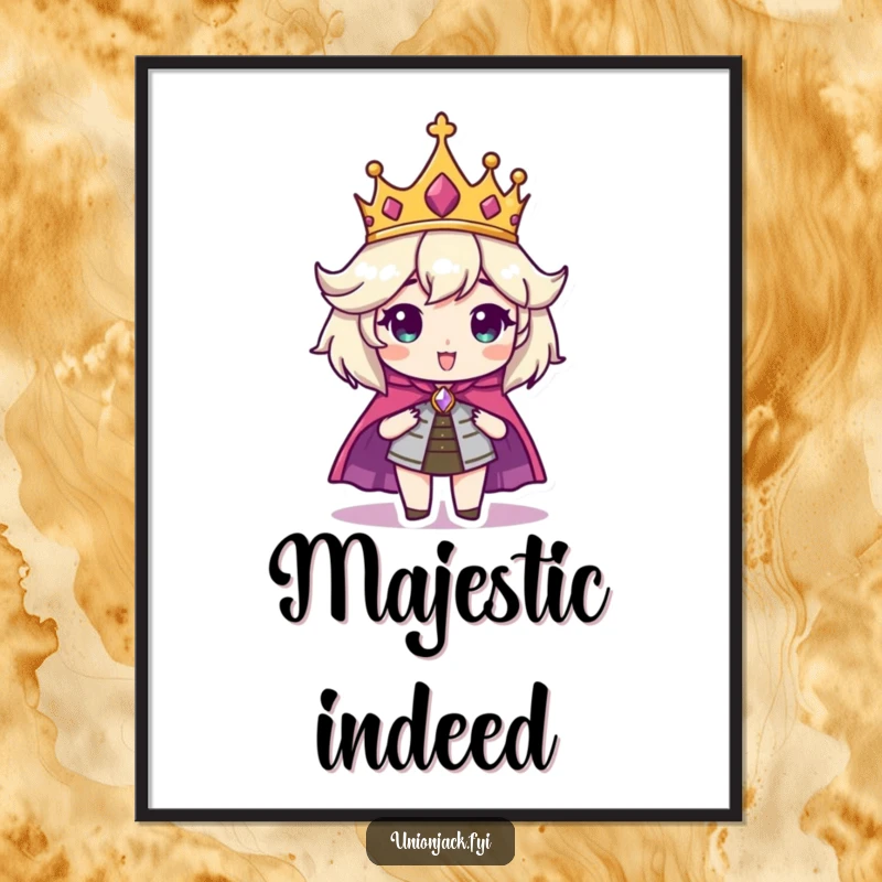 Funny poster showing a character looking undeniably regal with a crown and cape, exuding humorous authority.