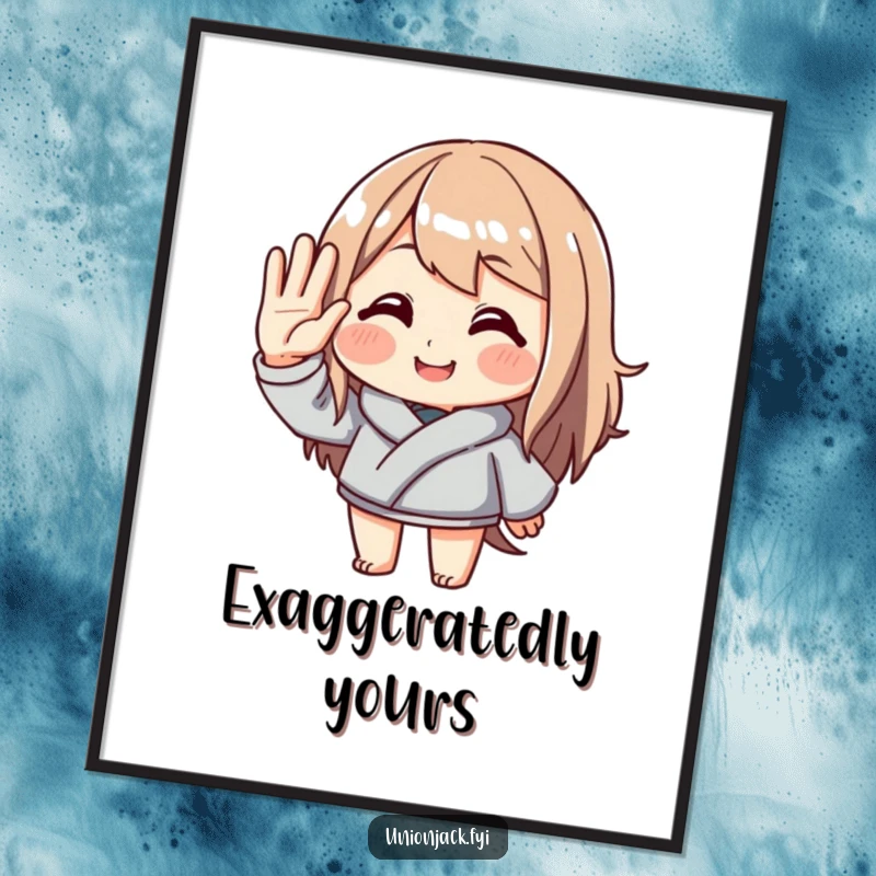 Funny poster art of a character giving an exaggerated, polite salute with a beaming smile. Adds a humorous and welcoming touch to any wall decor.