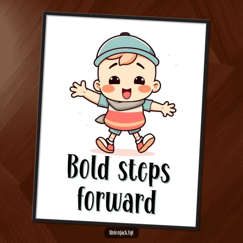 Funny poster capturing a character performing a silly march with comically large, exaggerated steps and a cheerful demeanor.