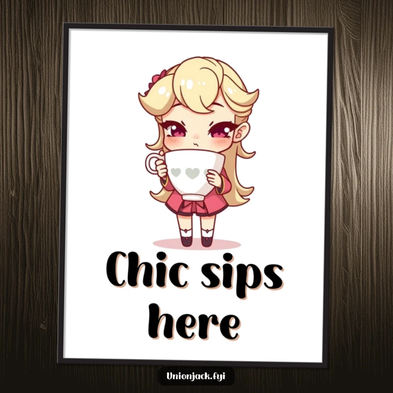 Funny poster showing a character holding a teacup with an exaggeratedly sophisticated pose, exuding high-brow humor and artistic elegance.