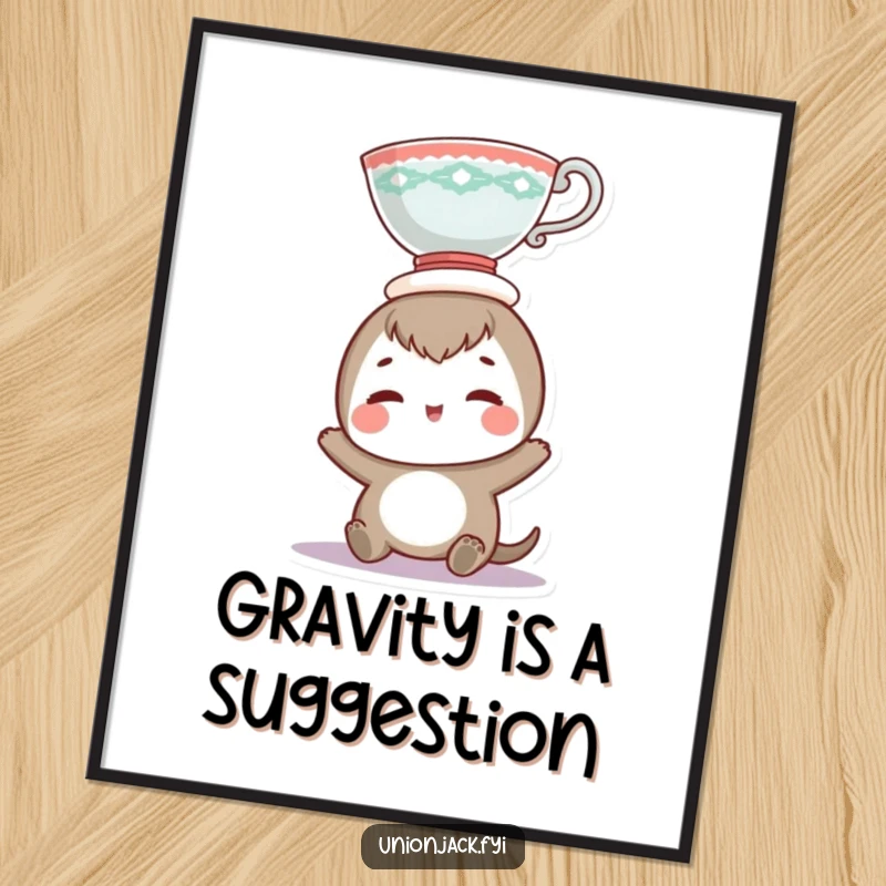 Funny poster depicting a smiling character comically balancing a teacup on its head, adding a touch of whimsical humor to any wall.