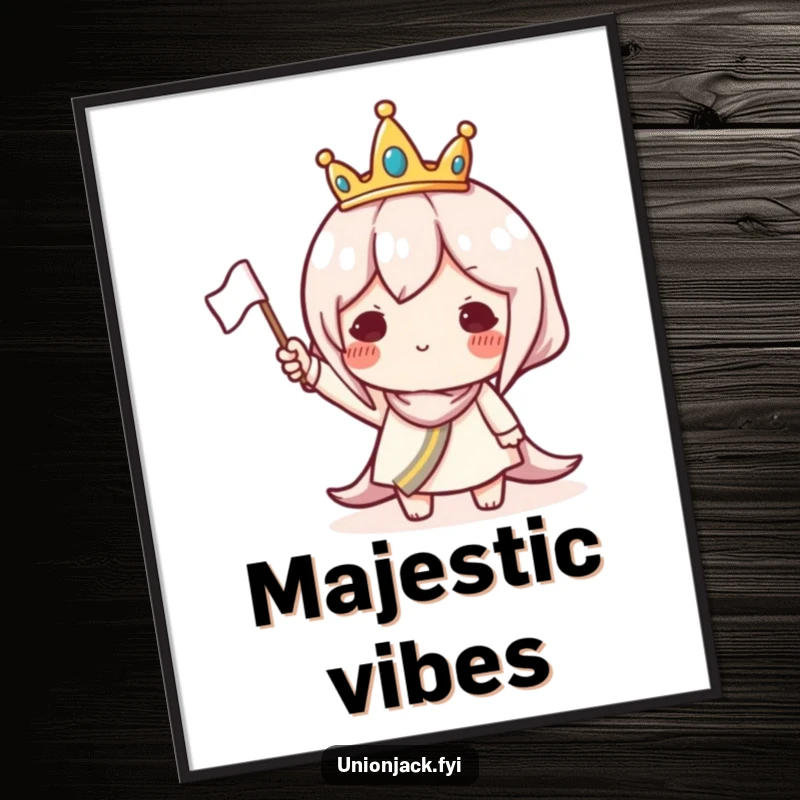 Funny poster art of a character wearing a small crown and waving a flag, exuding playful royal charm.